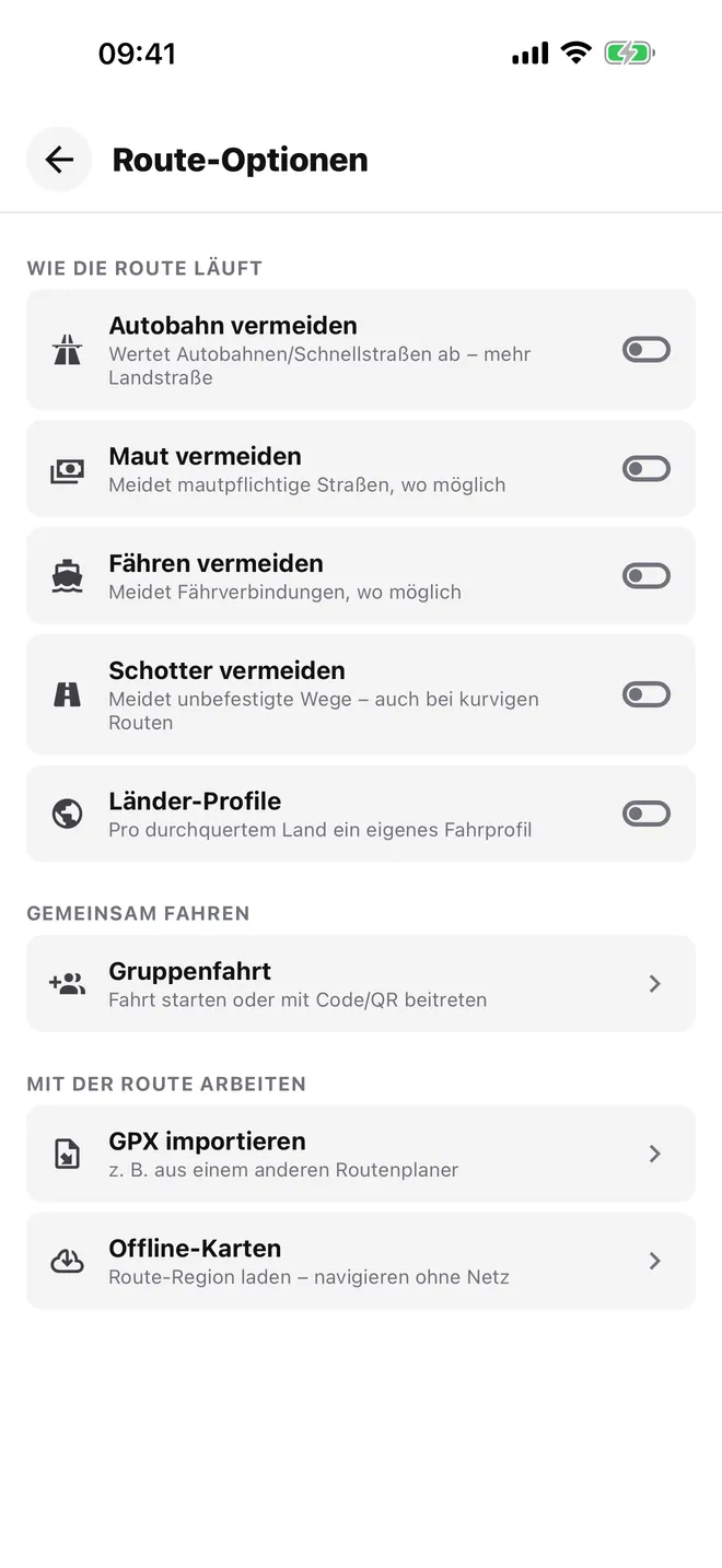 Route-Optionen: Autobahn, Maut, Schotter meiden – oder nicht.