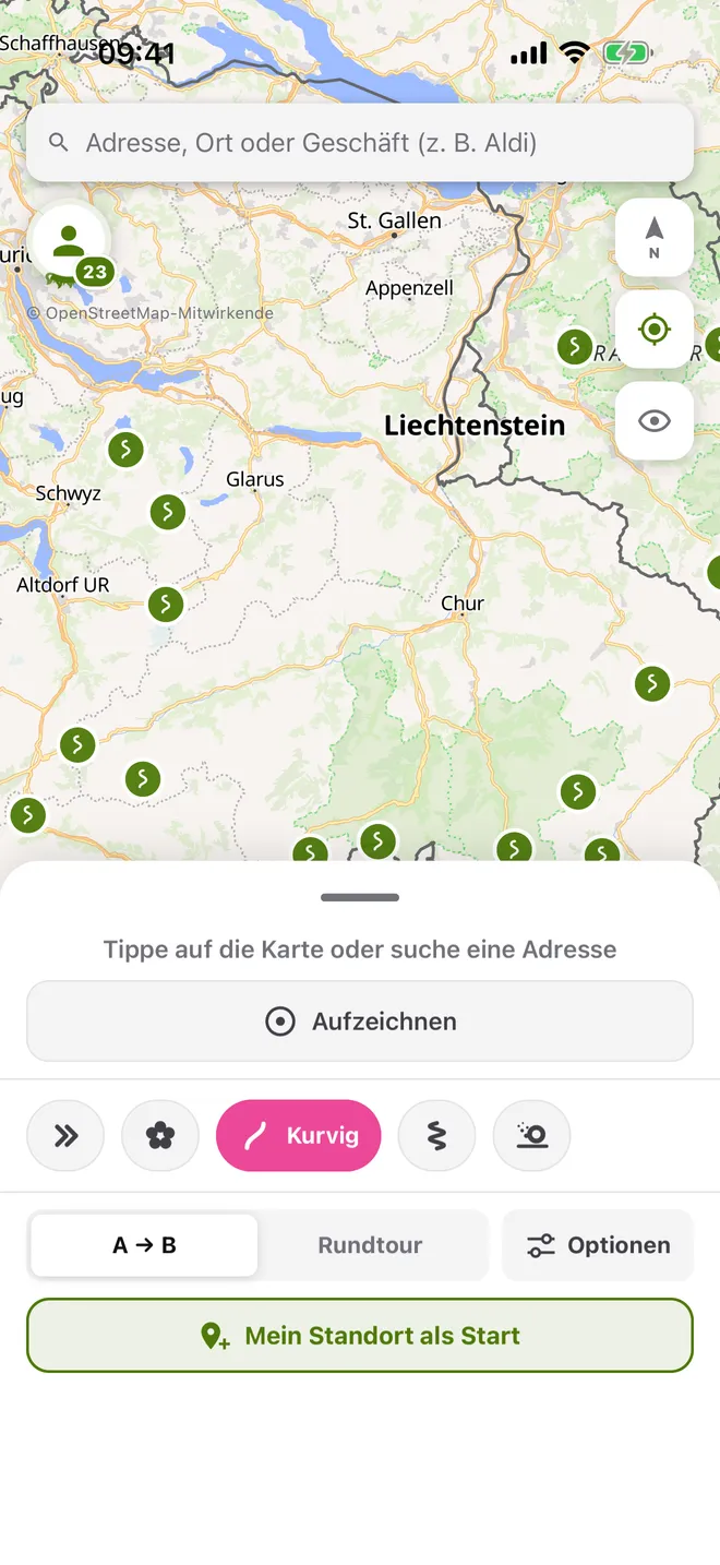Curvalia-Startbildschirm mit Karte und Fahrprofilen