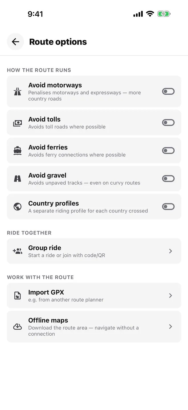 Route options: Avoid motorways, tolls, gravel – or don’t.